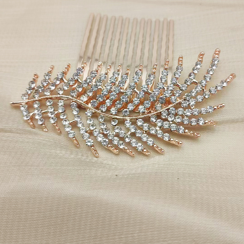 New Rose Gold Leaf Rhinestone Hair Comb Feather Bridal Headwear Gold Crystal Hair Comb Crystal Hair Comb Headwear