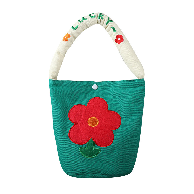 Children's Bag New Cartoon Embroidered Flower Hand Carrying Canvas Bag Fashionable Street Shoulder Bag Girl's Cyber Celebrity Satchel