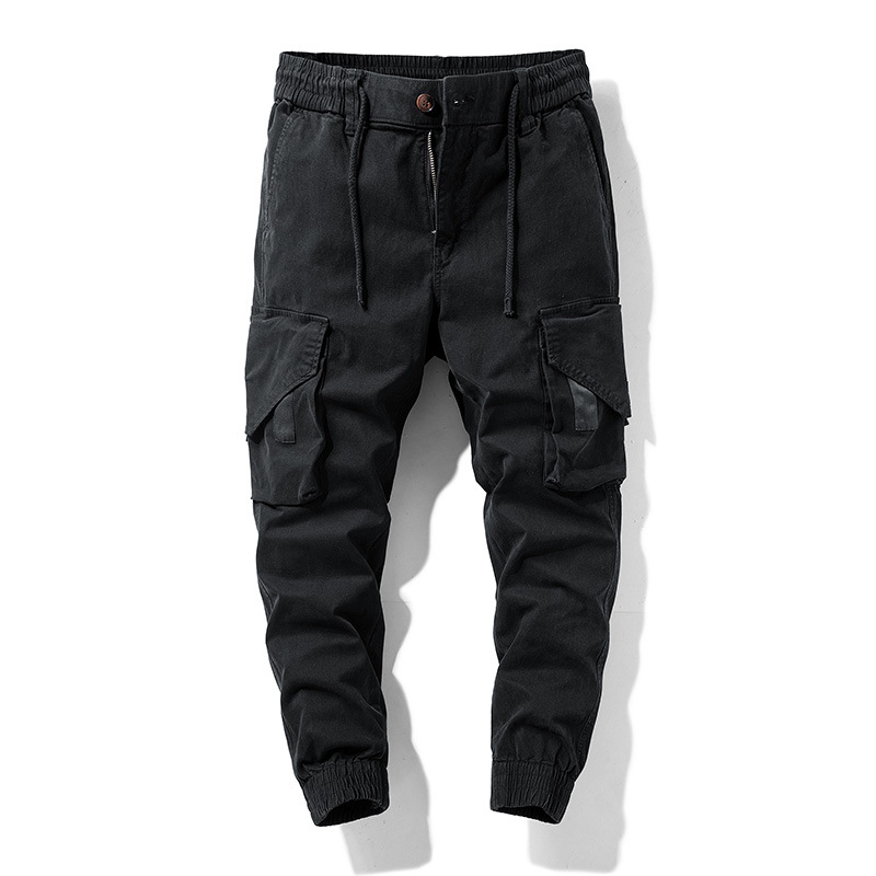 Cross-border casual pants men's spring and autumn cotton loose straight multi-pocket overalls men's trousers youth ankle-tied pants men