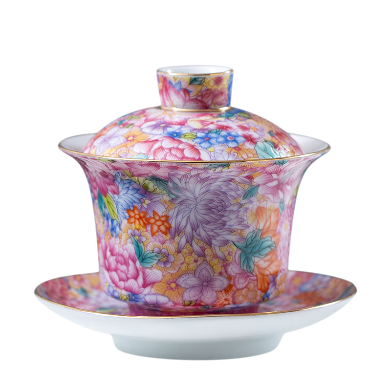 Enamel color Kung Fu Tea Set Cover bowl ceramic commercial women's tea making three-piece Cover bowl Holiday Gift Tea Bowl