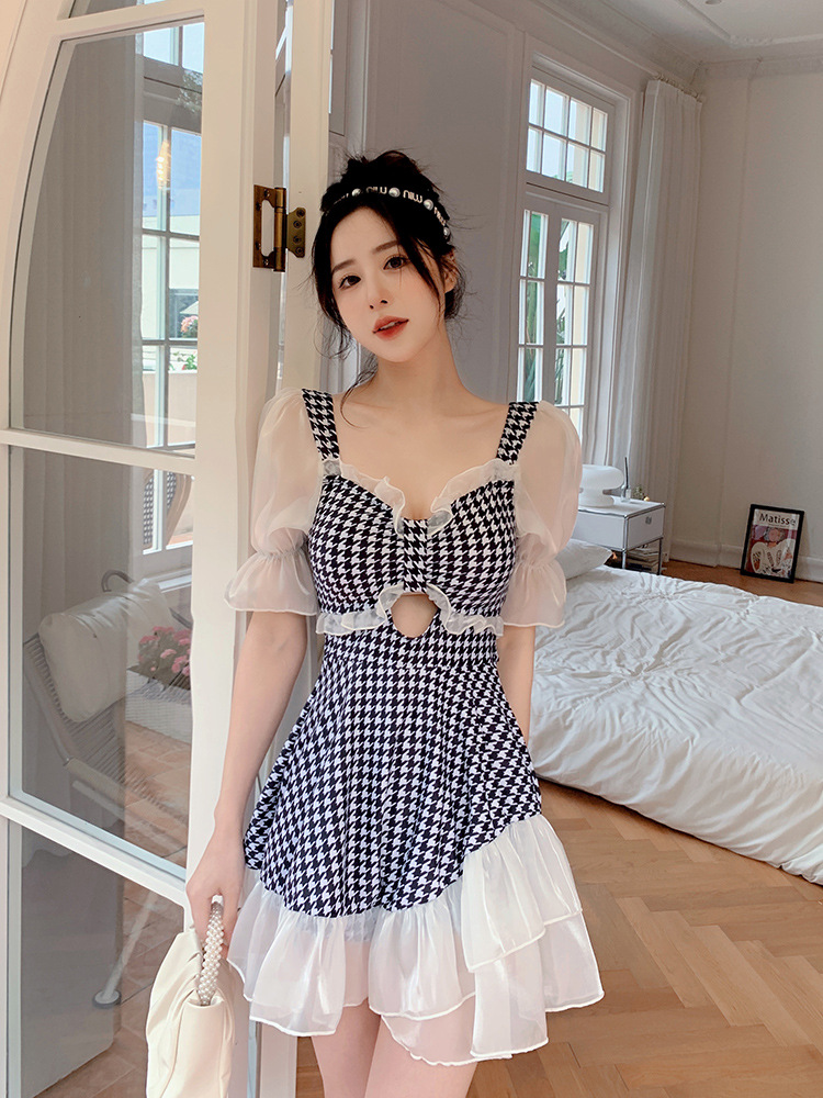 Houndstooth One-piece Swimsuit Women's Skirt Style Summer 2023 New Style Conservative Slim-fit Water Park Swimming Suit