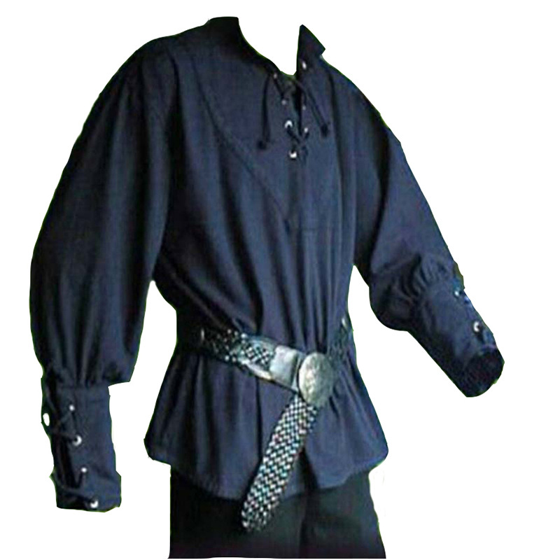European and American wish medieval clothing men's retro stand collar strap loose top AU3822 performance clothing