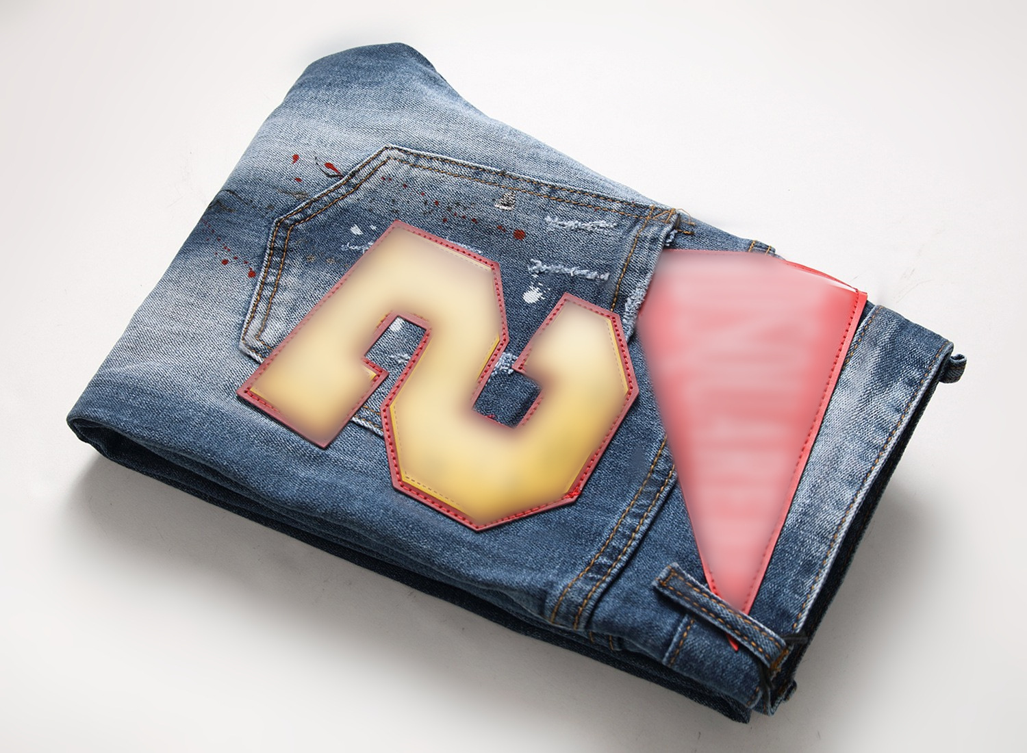 Europe and the United States new tattered disorderly line splash paint men's slim hole Big badge elastic D2 small straight tube trendy men's jeans