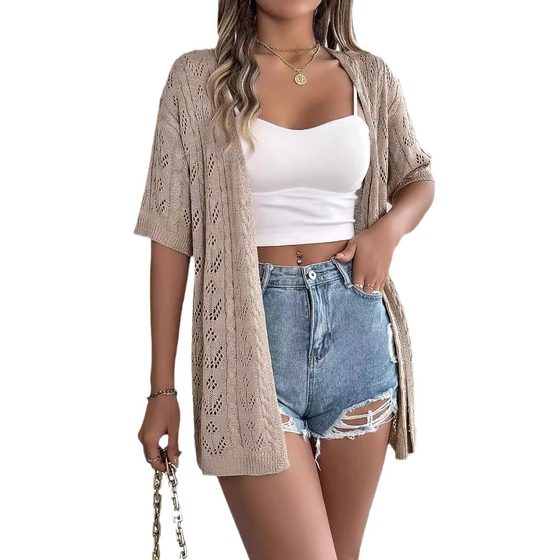 Real shot 2024 spring and summer European and American hollow short-sleeved knitted cardigan holiday sun protection shirt women's clothing