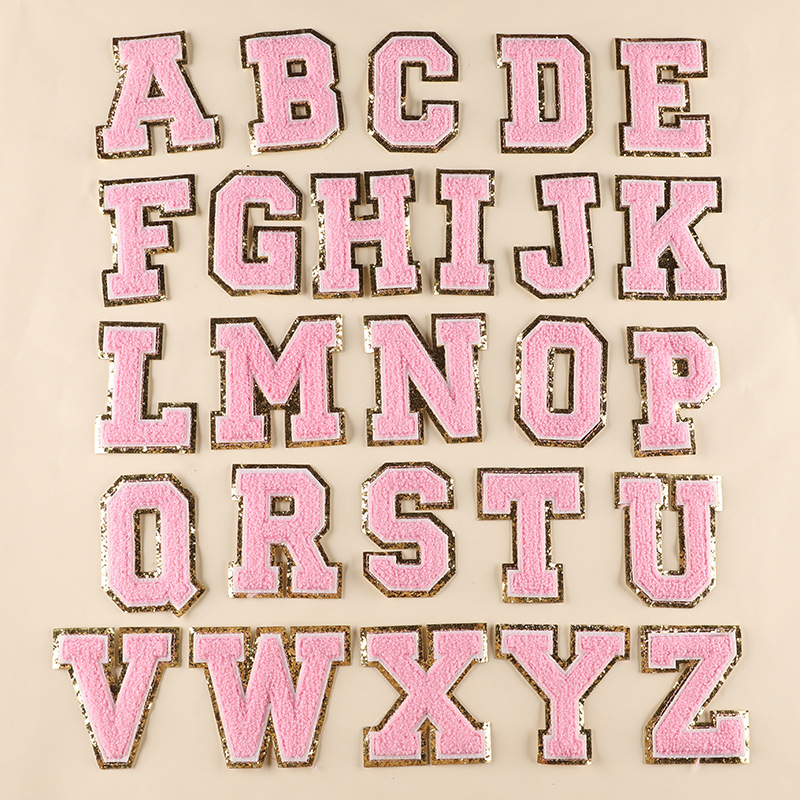 Computer embroidery label towel embroidery golden edge English letter badge patch stickers clothing accessories chenille embroidery cloth stickers