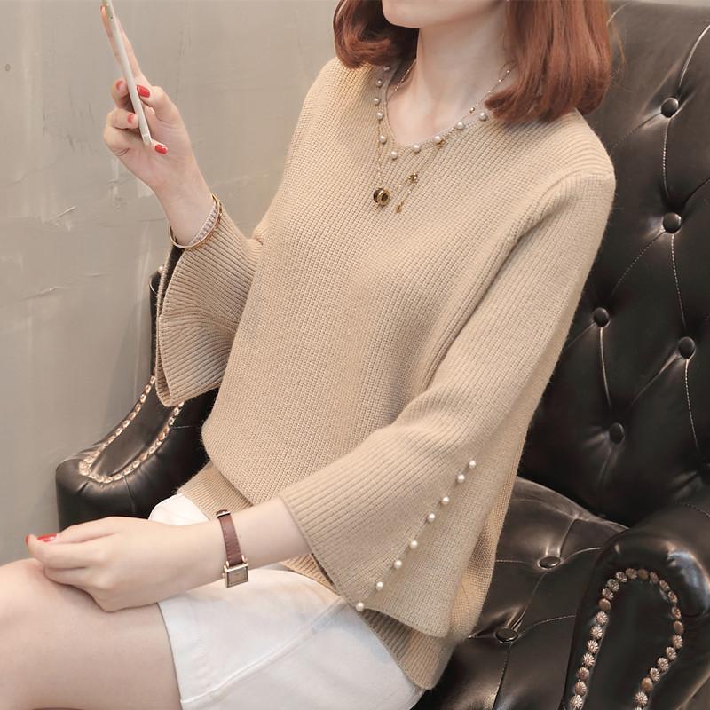 New Women's 2023 Korean Style Autumn Sweater Women's Pullover Bead Korean Style Loose Short V-neck Base Knitted Sweater