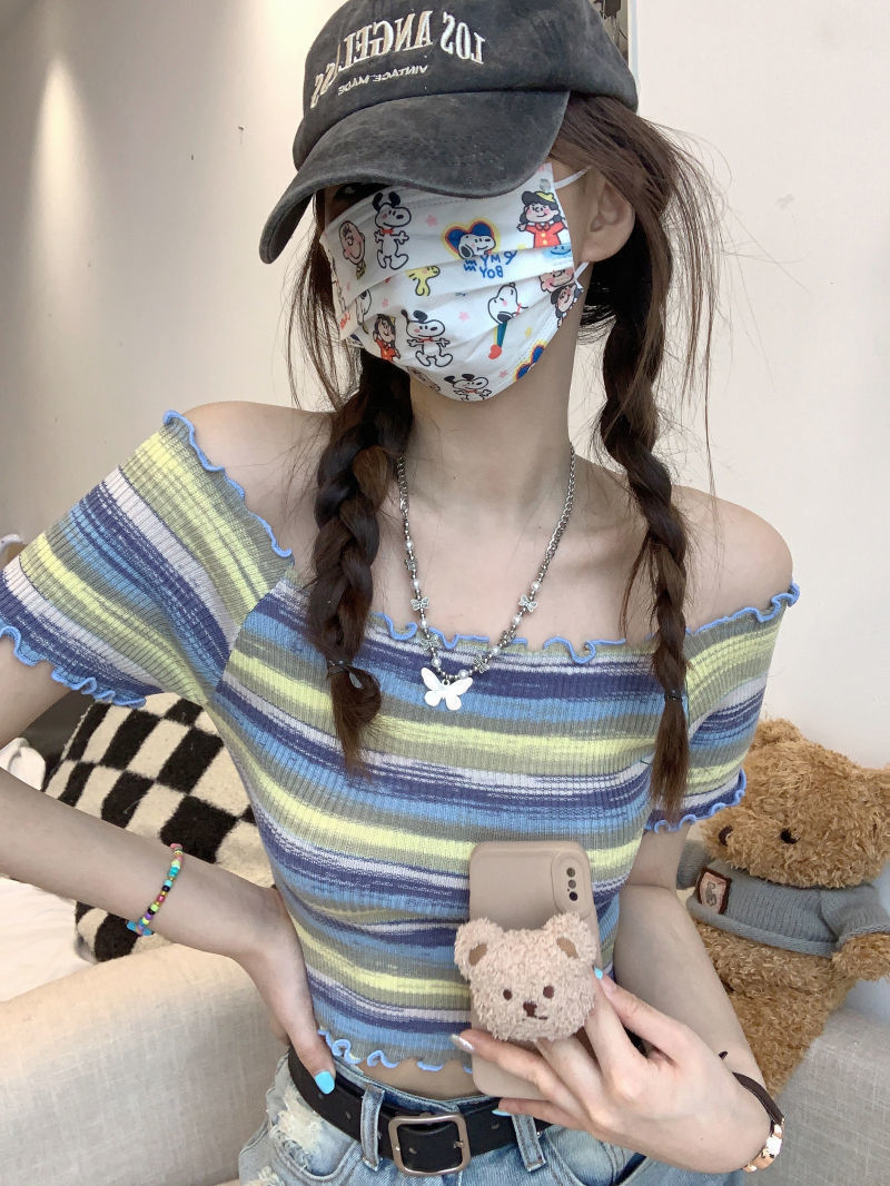 Hot girl one-shoulder short fungus-edged summer chic short-sleeved T-shirt top women's bottoming shirt striped shirt