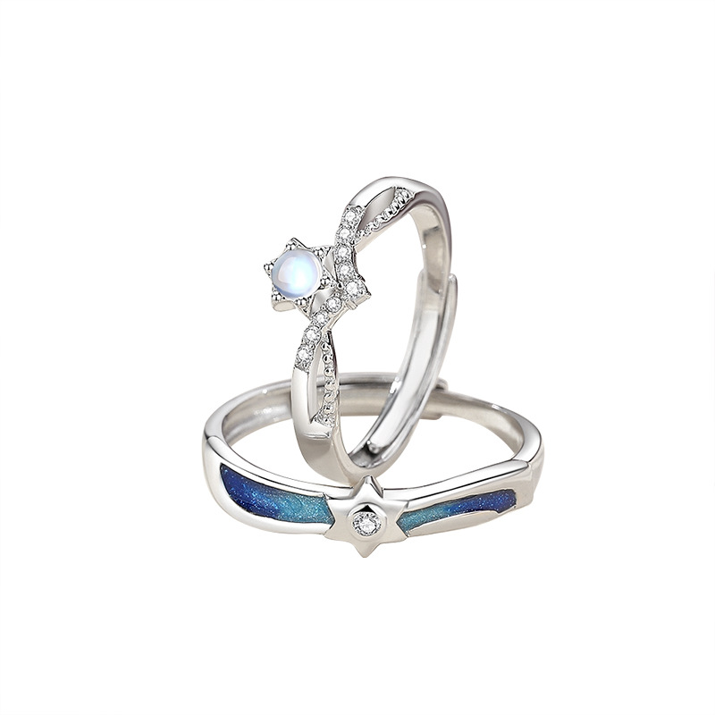 Design originale Incontra Starlight Couple Anello in argento sterling Anello coreano con pietra di luna Anello con zircone micro-intarsiato_voghion.com