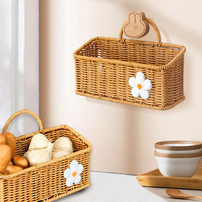 Kitchen Ginger Garlic Storage Basket Imitation Rattan Woven Ginger Garlic Scallion Egg Storage Box Rattan Woven Wall Hanging Portable Flower Basket