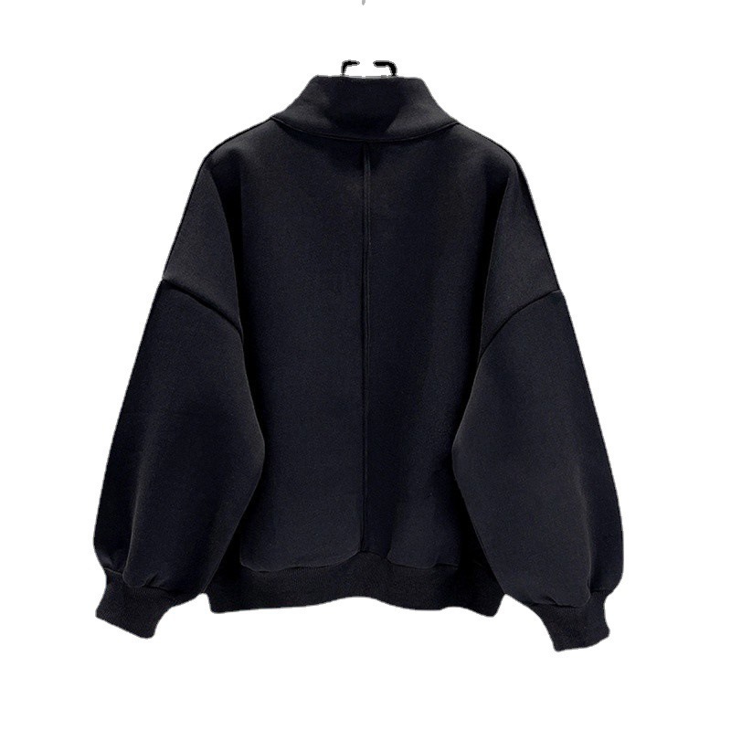 Half-zip black sweatshirt men's spring and autumn stand-up collar hooded American retro jacket trendy high-end street men's clothing autumn and winter