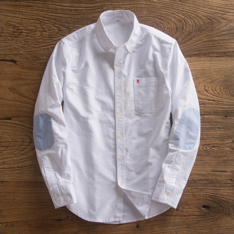 Pure Cotton Oxford Spinning Shirt Men's Long-sleeved Japanese Style Retro Elbow Patched Shirt Men's Yu Wenle Trendy Brand Top