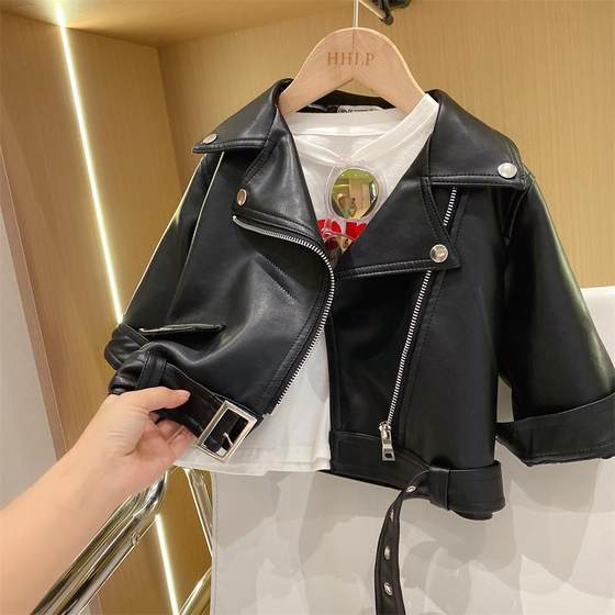 Girls motorcycle handsome cool wind large lapel zipper leather jacket jacket 2024 autumn and winter new fleece-lined fashion jacket