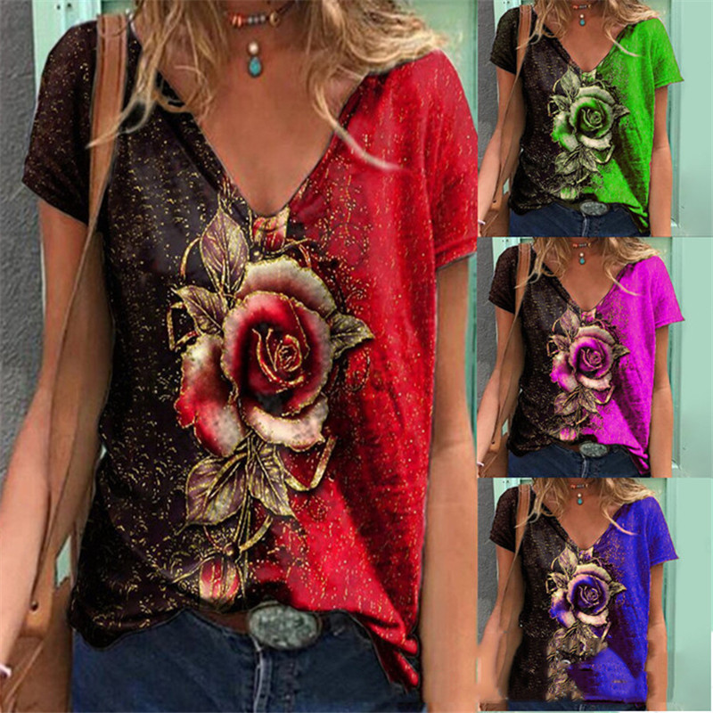  Summer European and American Cross-Border New Women's Independent Station 3D Romantic Plum Blossom Print T-Shirt