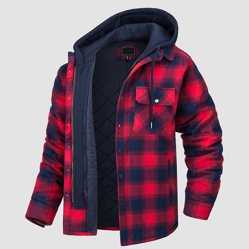 2000 + in stock cross-border men's clothing European and American autumn and winter thickened cotton-padded coat Plaid long sleeve loose hooded jacket jacket