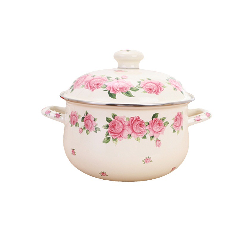 Factory direct sale thick enamel pot Pink Rose double ear flat bottom Persimmon soup pot across the import and export electromagnetic gas pot