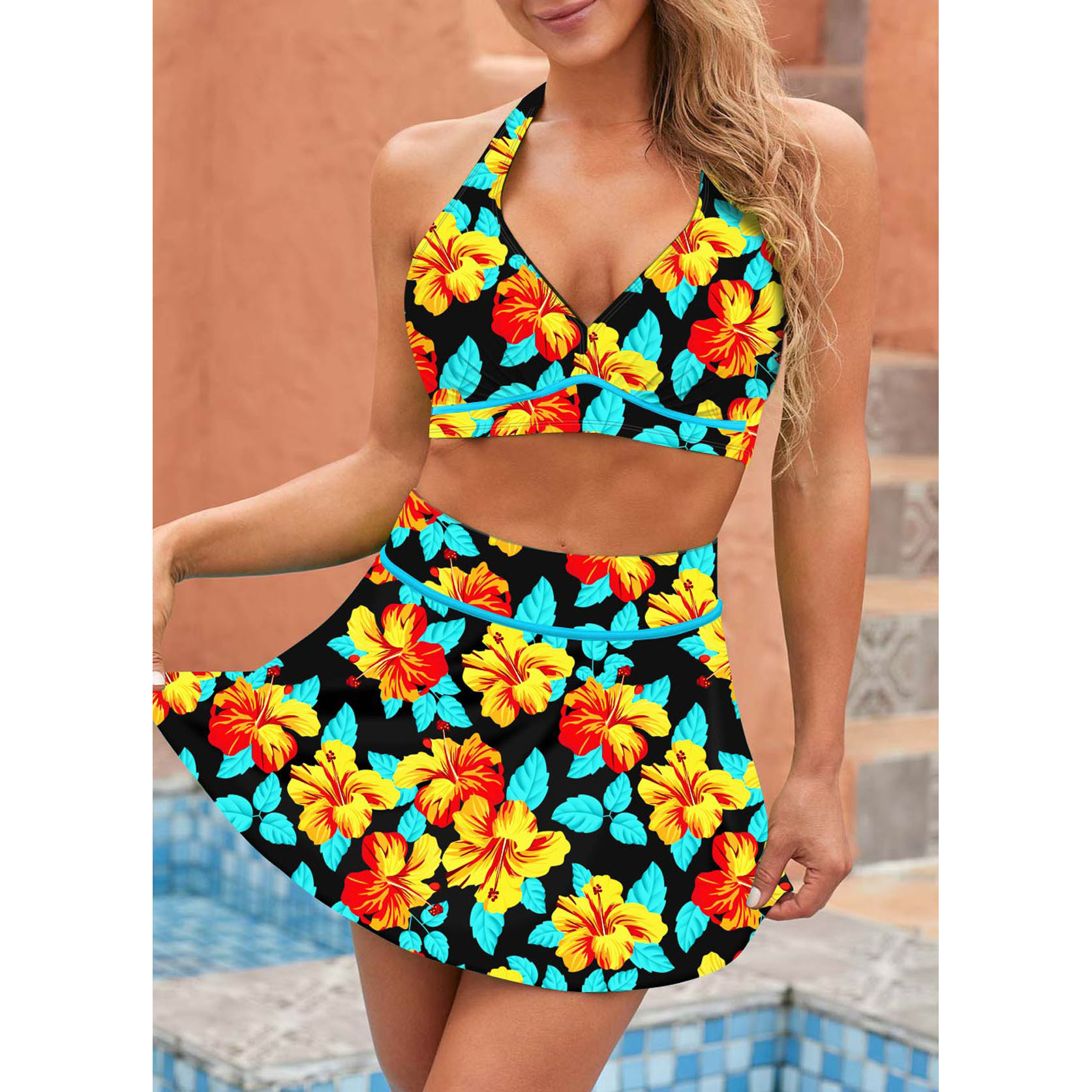 Cross-border foreign trade new Takini split skirt swimsuit sexy printed halter lace-up backless European and American bikini