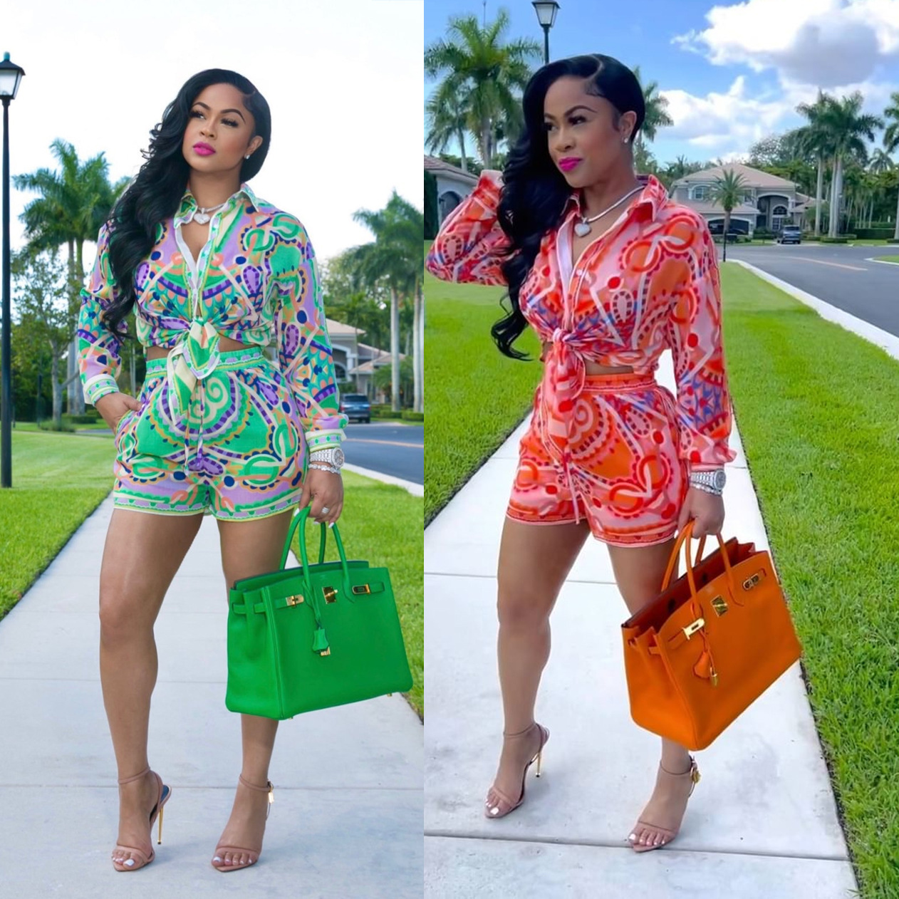 Cross-border Amazon Ebay digital printing long-sleeved shorts suit knotted shirt European and American fashion women's two-piece suit