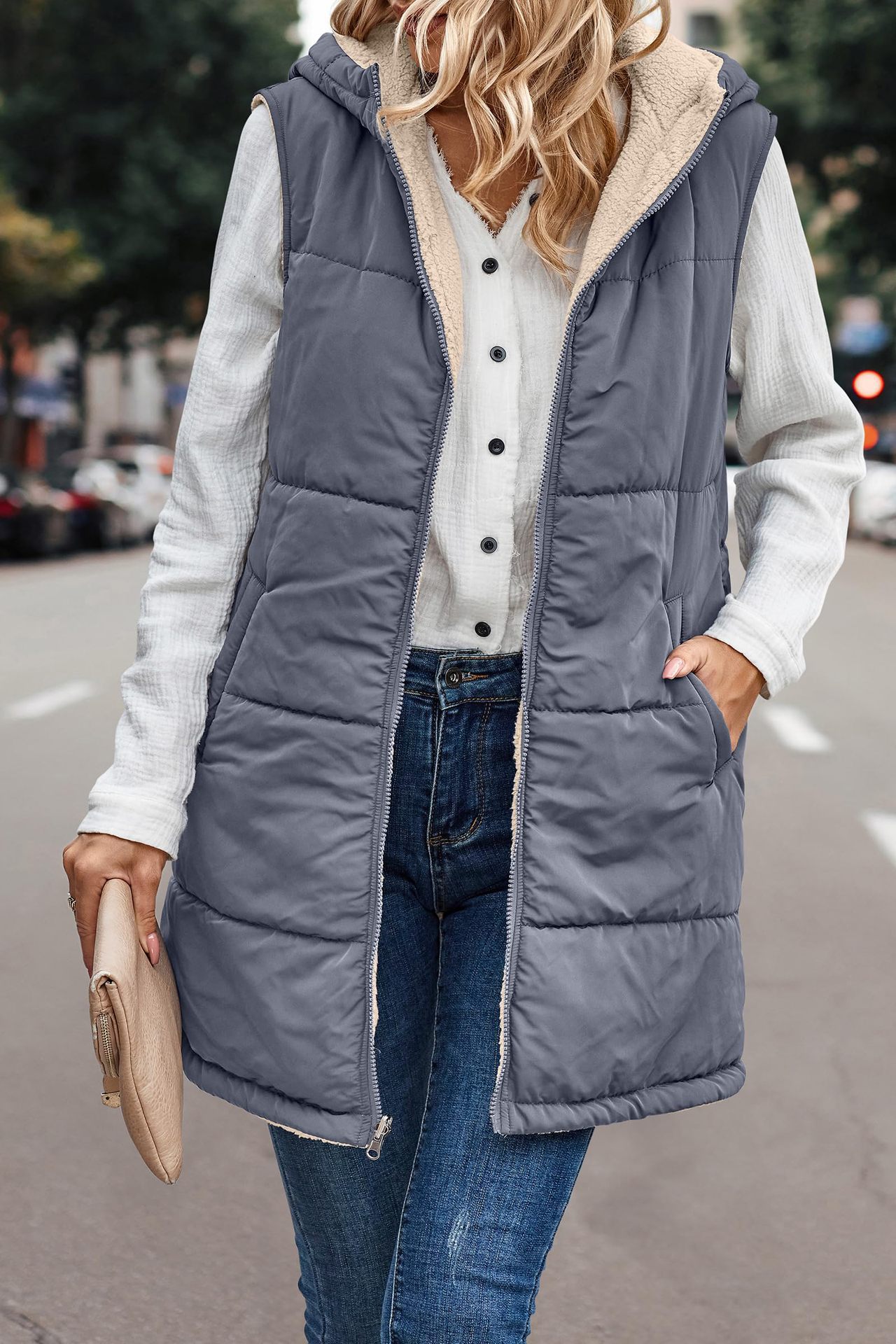 In stock 2023 new European and American solid color hooded cotton-padded vest double-sided warm cardigan windproof coat_voghion.com