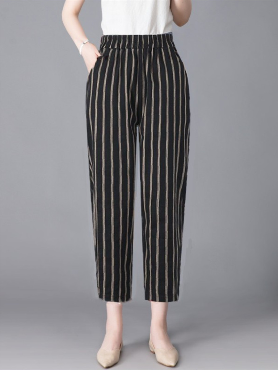 100 Cotton Women's Pants Large Size Cropped Pants Women's 2023 Summer New Arrival Loose Harlan Straight Casual Pants Women's Plaid