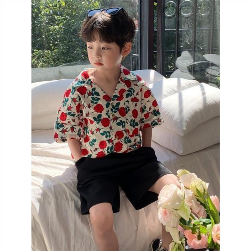 Boys' Hong Kong Style Flower Shirt Summer Children's Wear 2023 New Baby Top Fried Street Children's Short-sleeved Loose Shirt Trendy