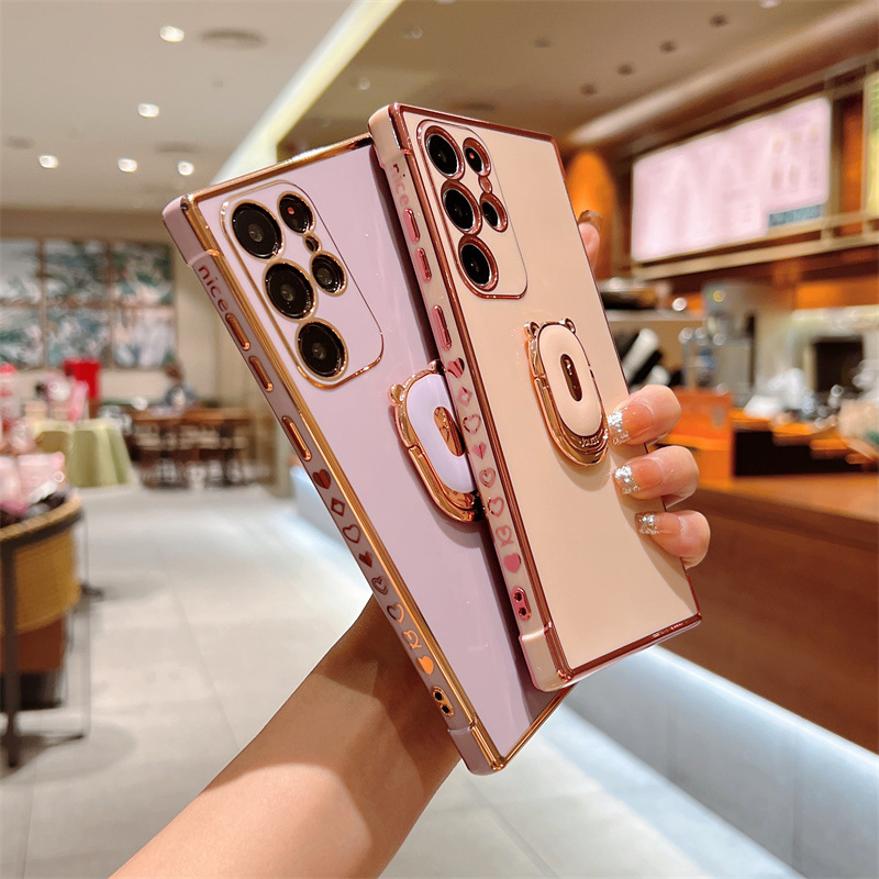 電鍍小熊指環S24U適用三星s23手機殼galaxyS22軟殼a15側邊愛心s21