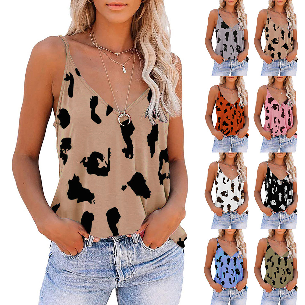 2023 Summer New European and American Cross-border Women's Sexy Sleeveless Camisole V-neck Leopard Print T-shirt Women's Top