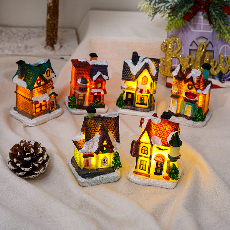 Cross-border new Christmas decorations resin Christmas small house Micro landscape luminous snow house decoration Christmas gift