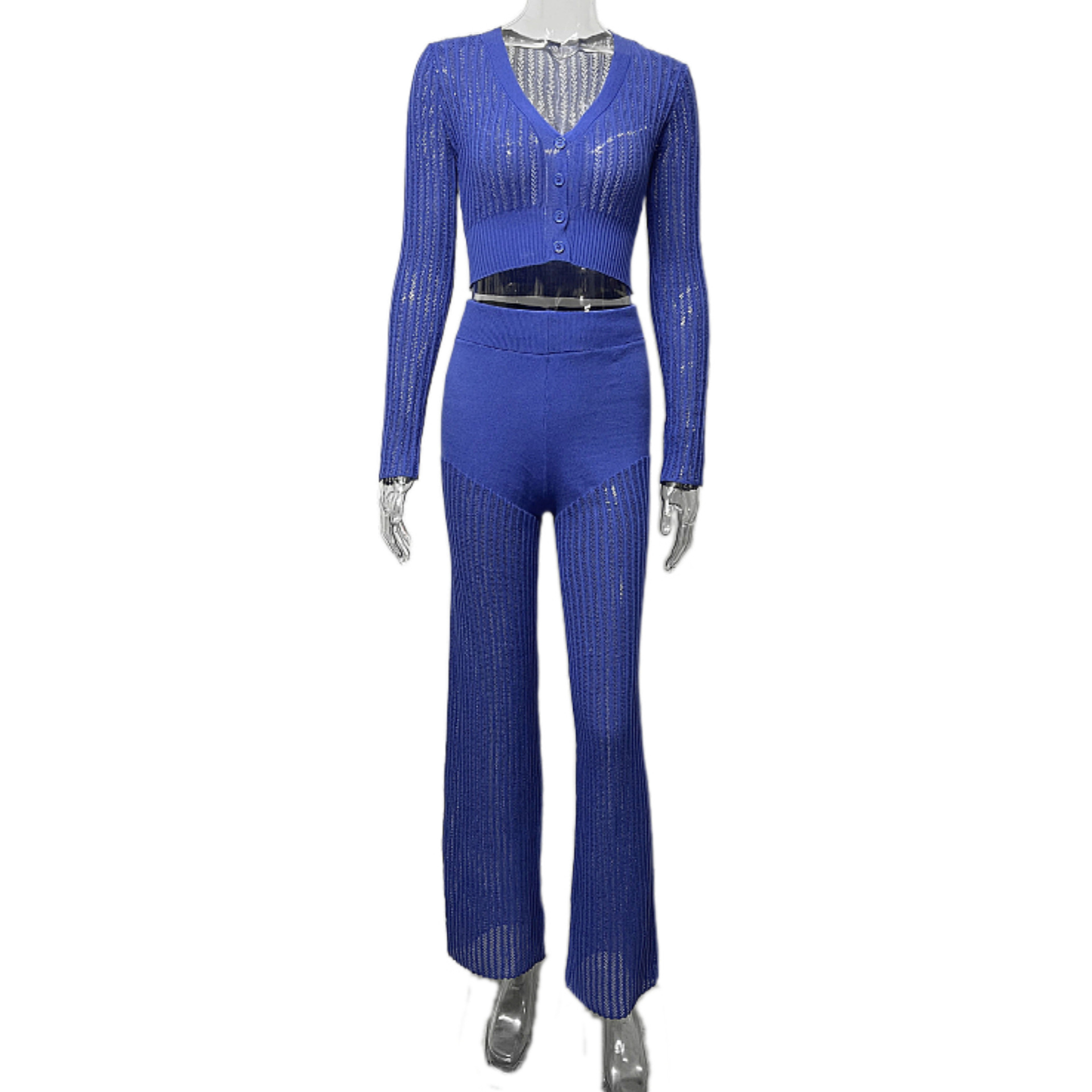2024 Autumn and Winter New Cross-border Knitted suit Women's Wear Perspective Casual Solid Color Hollow-out High Waist Trousers Commuter suit