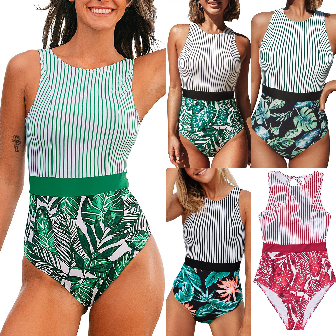 2024 new European and American printed striped one-piece bikini swimsuit sexy leaf stitching triangle women's swimsuit wholesale