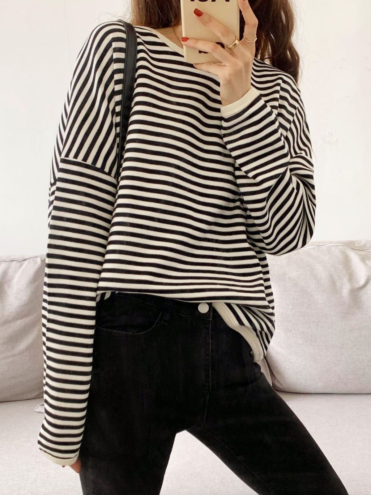 Korean Style Pullover Sweater Women's Spring and Autumn Thin Casual Tibetan Blue New Style Striped Round Neck Loose Long Sleeve Large Size Women's Clothing
