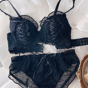 Japanese style solid color embroidered lace ruffled Cross Ribbon Sweet Sexy thin mold Cup wireless bra suit