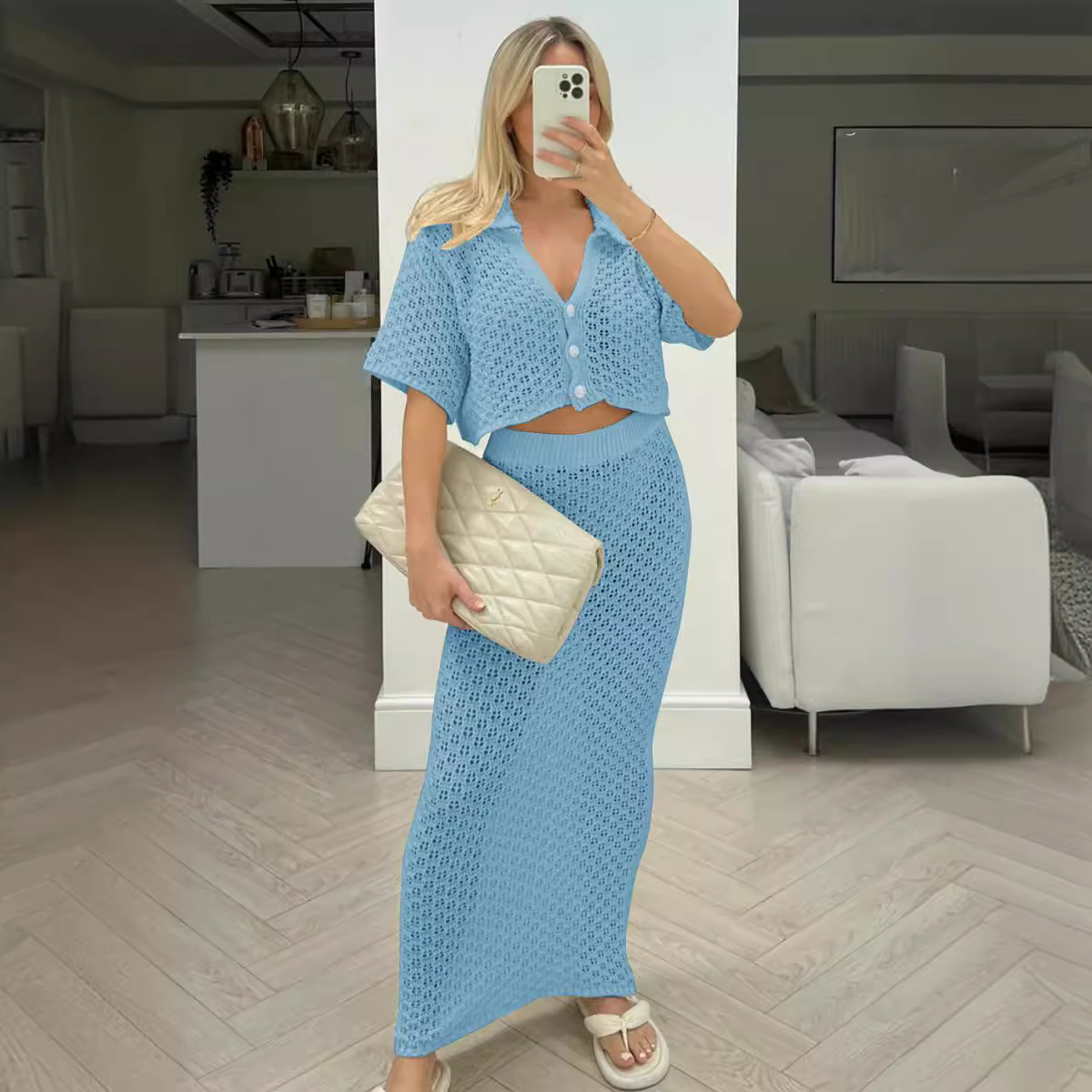 2024 New Knitted Crochet Dress Multicolor Cardigan Buckle Dress All-match Suit