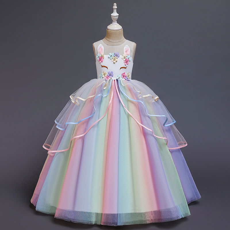 European and American dress skirt girls dress Unicorn Children's mesh rainbow puffy yarn princess skirt wholesale
