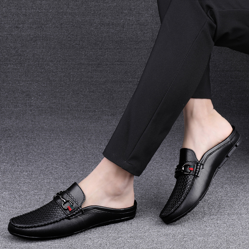 New Men's Fashion Embossed Metal Buckle Casual Half Drag Easy Slip-on Shoes Comfortable Breathable Casual Shoes