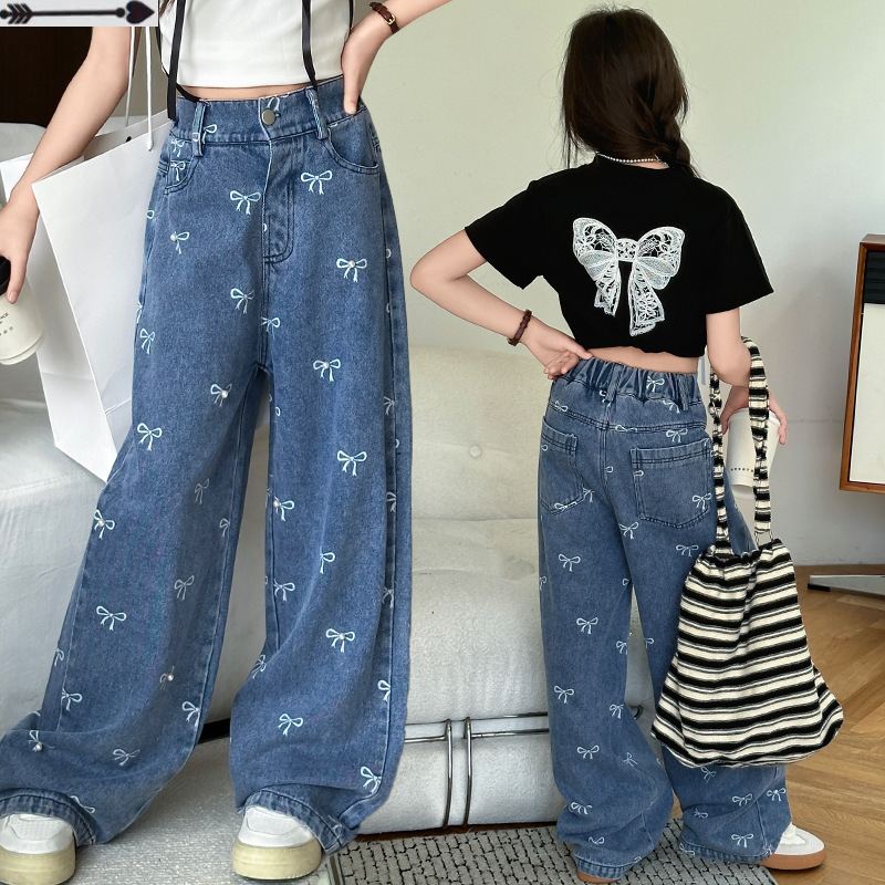 Women's Large Children's Summer Pants 2024 New Arrival Elastoelastic Waist Jeans Bow Printed Wide Leg Pants Fashionable Western Style