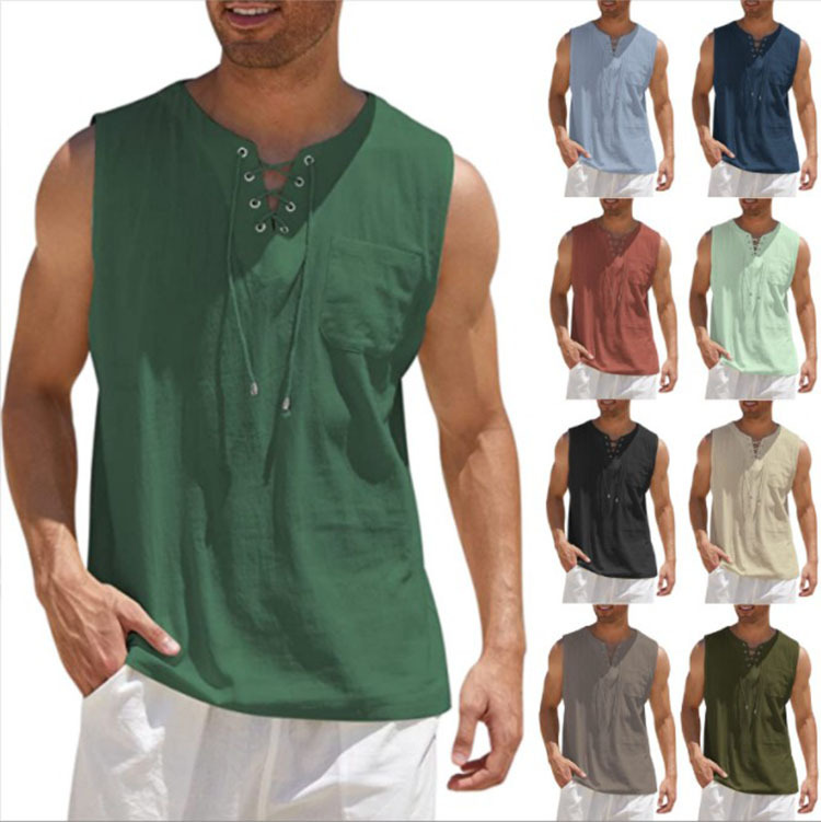 2024 Cross-border Amazon Hot Sale New Men's Vest Shirt Lace-up Fashion Solid Color Cotton and Linen Short-sleeved T-shirt