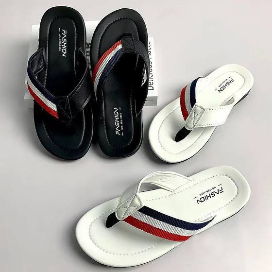 Fashionable color matching woven leather flip-flops men's non-slip deodorant home outdoor slippers lightweight beach slippers