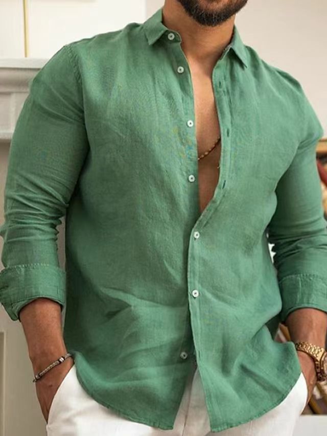 2024 foreign trade Amazon Europe and America cotton and linen solid color men's shirt youth leisure