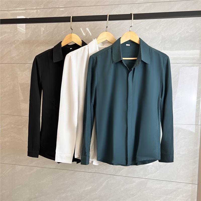 Autumn seamless hidden buckle white shirt men's draping long sleeve hair stylist pure white loose casual chiffon shirt fresh