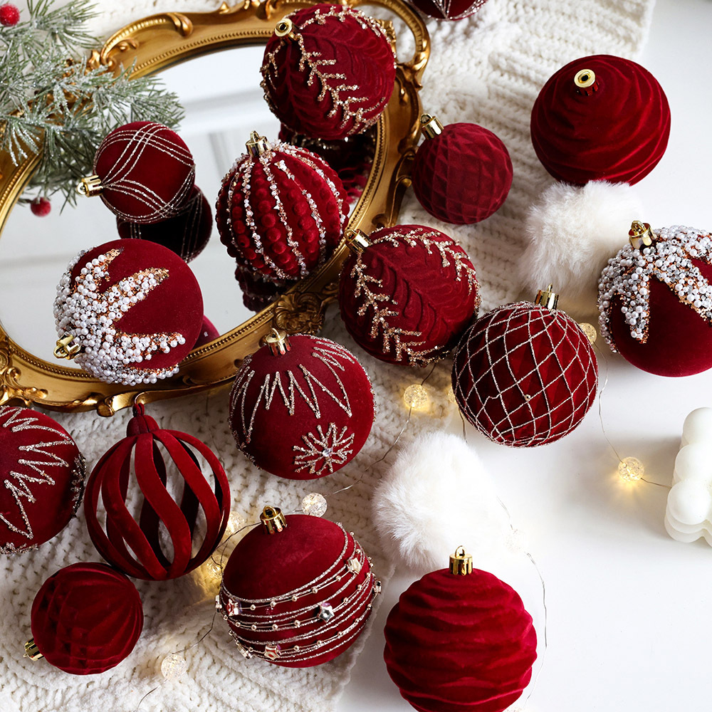 Christmas tree decorative ball Christmas painted ball flocking dark red Christmas ball Pearl DIY hanging decoration scene layout_voghion.com