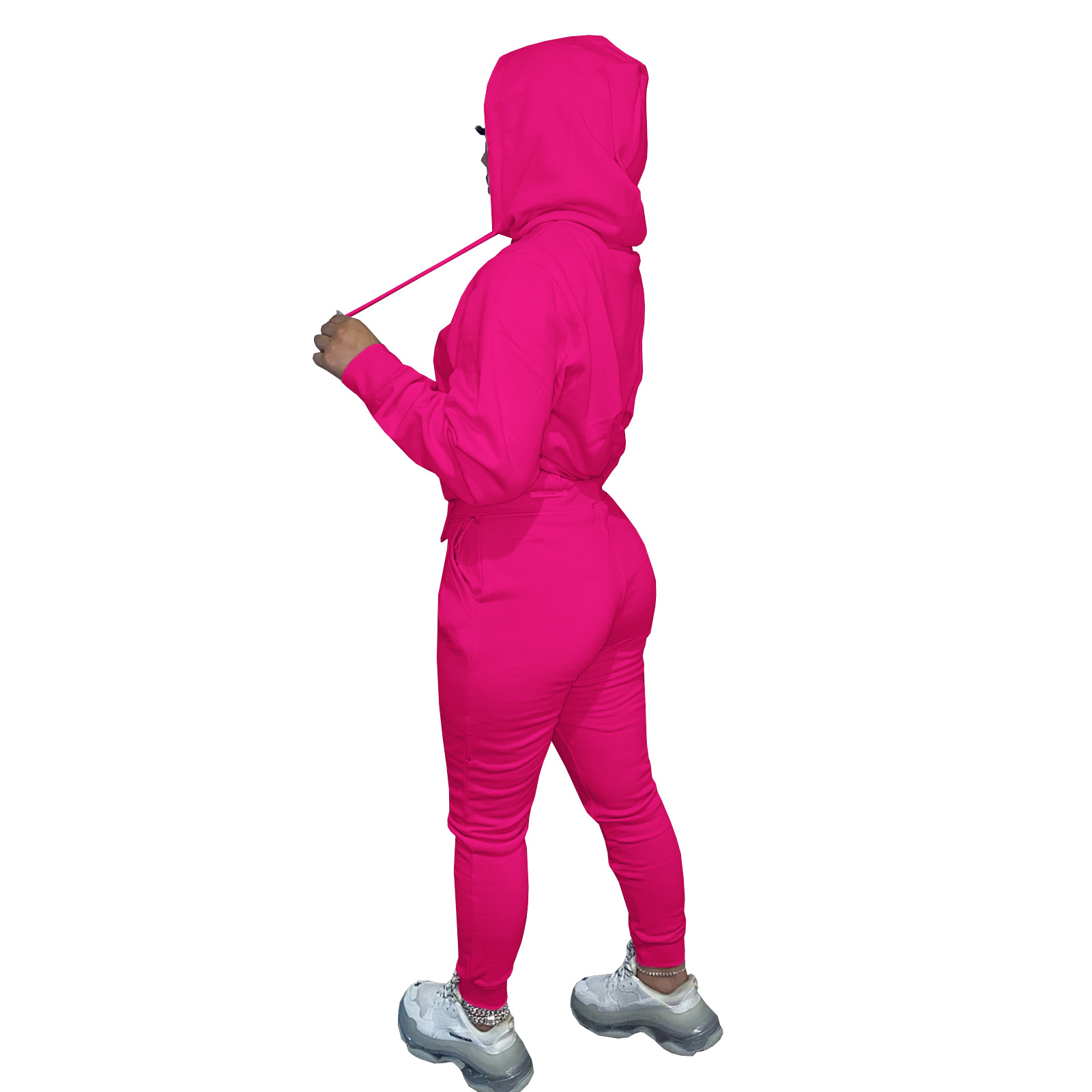 HR8197 European and American women's clothing  independent station supply autumn and winter plus velvet drawstring hooded two-piece set_voghion.com