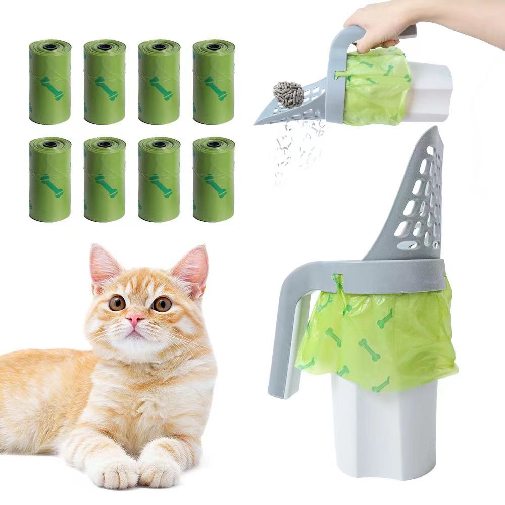 One-piece cat litter scoop with built-in trash bag, detachable and portable litter pick, litter cleaner, one-stop solution for distribution