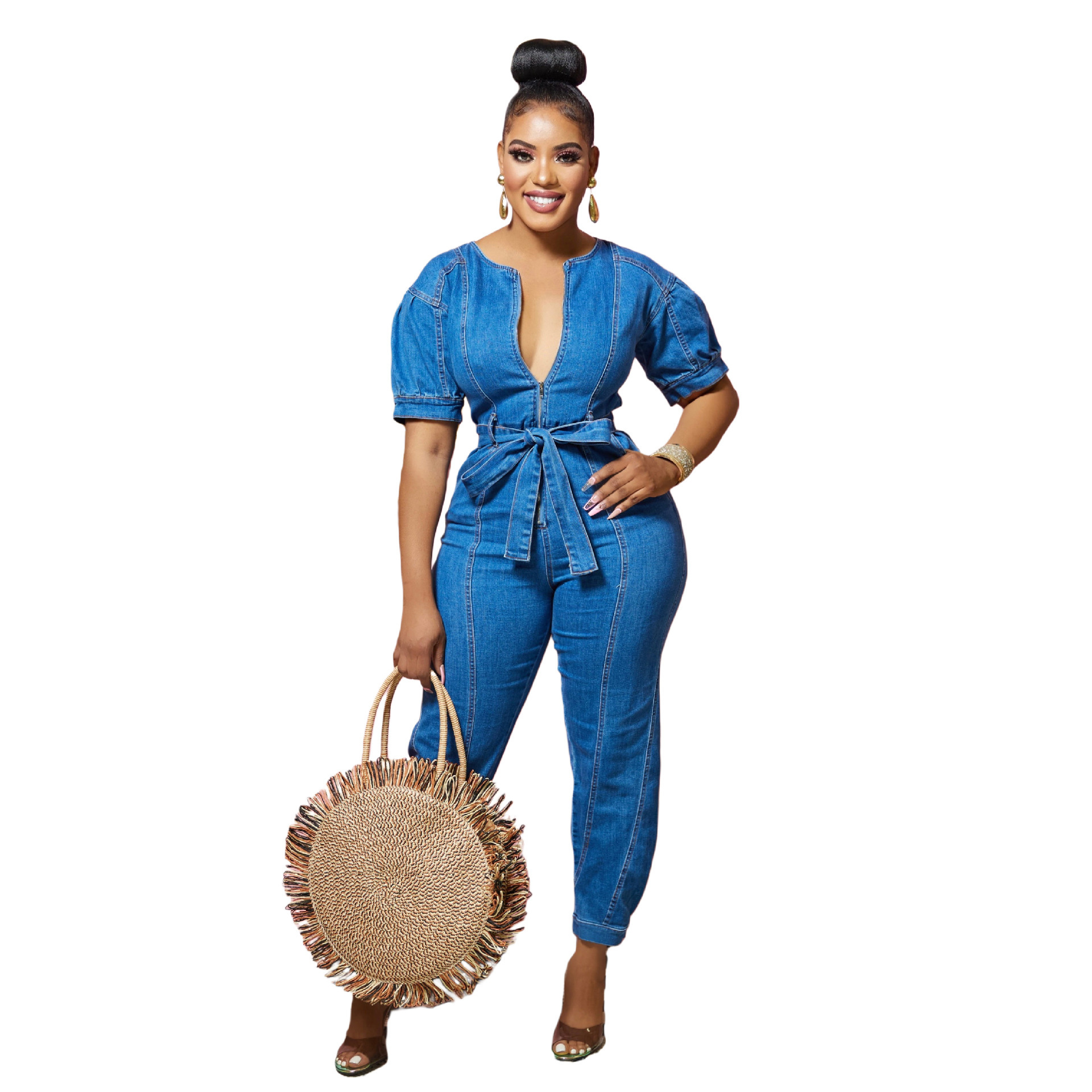 Amazon eBay hot-selling jumpsuit women's European and American new sexy fashion temperament blue washed cross-border jumpsuit