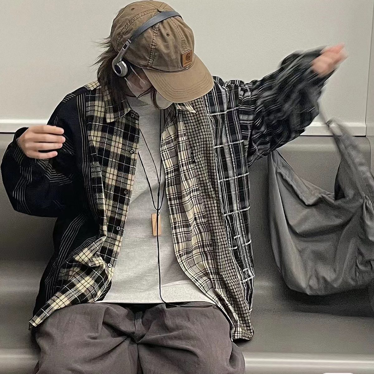 National Fashion American Style Street Stitching Plaid Shirt Men's Long Sleeve Spring and Autumn Fashion Brand Japanese Style Retro Couple Shirt Jacket