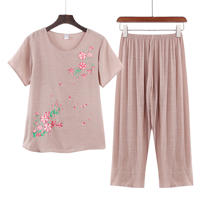 Middle-aged Pajamas Women's Summer Cotton and Linen Short-sleeved Two-piece Summer Simple Breathable Top Pants Outer Wear Home Clothes