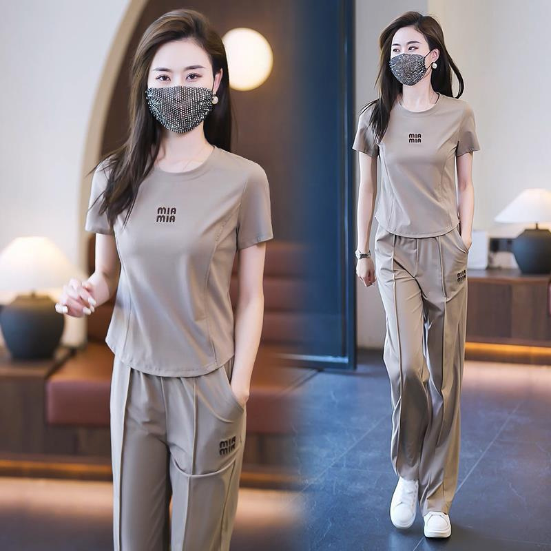 Popular Round Neck Sports Casual Suit Women's 2023 Summer New Fashionable Loose Slimming Straight Pants Two-piece Set