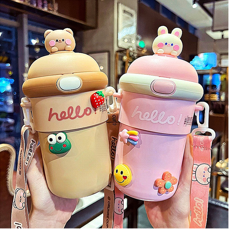 Online red high-looking cartoon strap water Cup girl large capacity cute straw Cup student ins portable glass