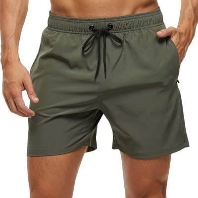 Cross Border wish Men's Solid Color Quad Casual Beach Shorts with Zipper Pocket and Mesh Lined Swim Trunks