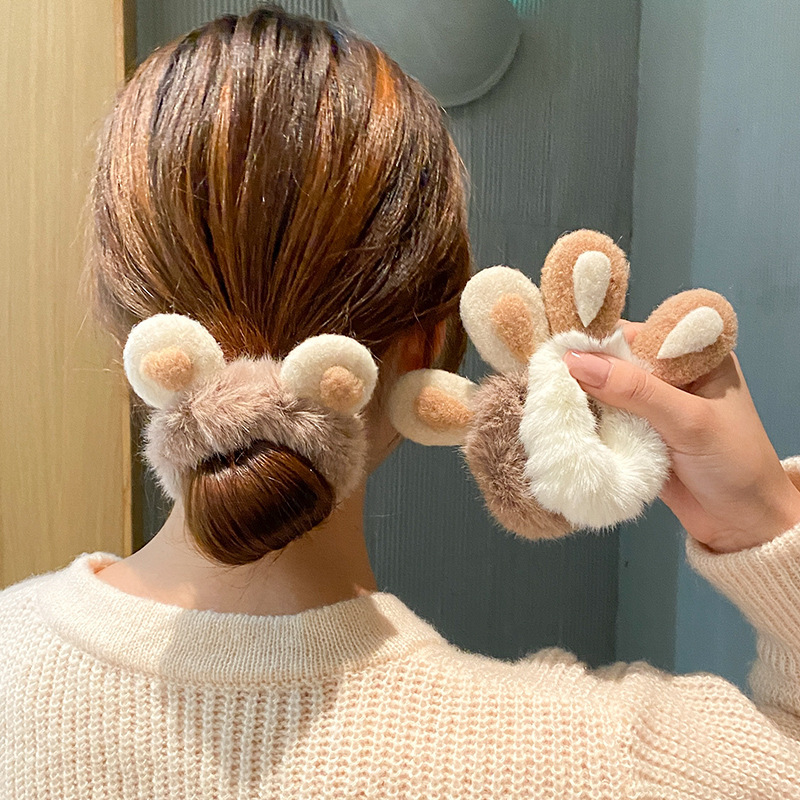 かわいいウサギの耳ぬいぐるみヘアサークル女性の秋/冬ハート型ヘアネクタイボールヘッドバンドアクセサリープルオーバーリング|undefined