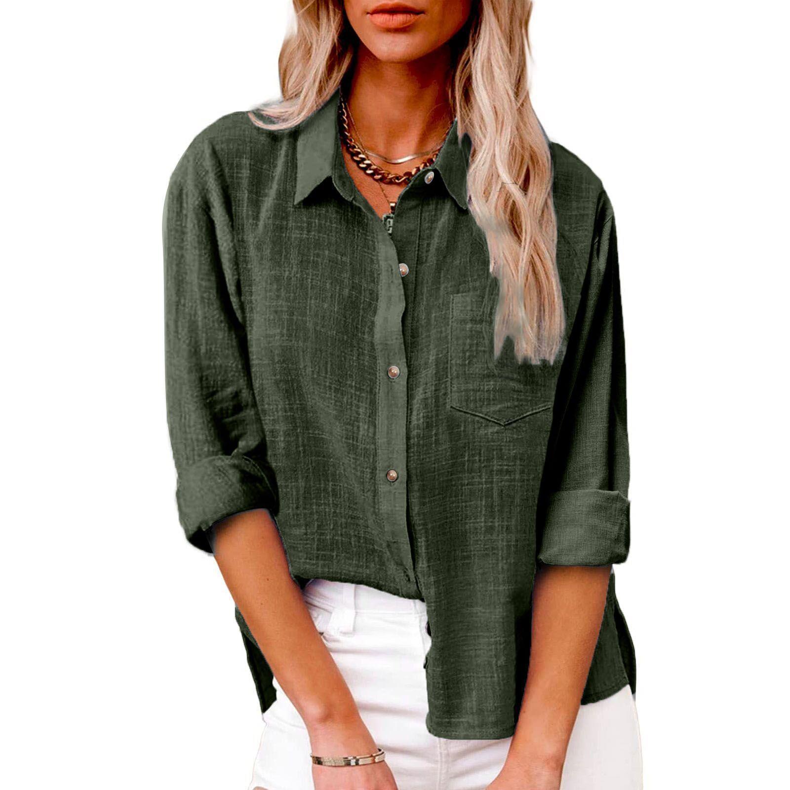 2024 women's clothing Autumn New pocket split cotton and linen long sleeve shirt